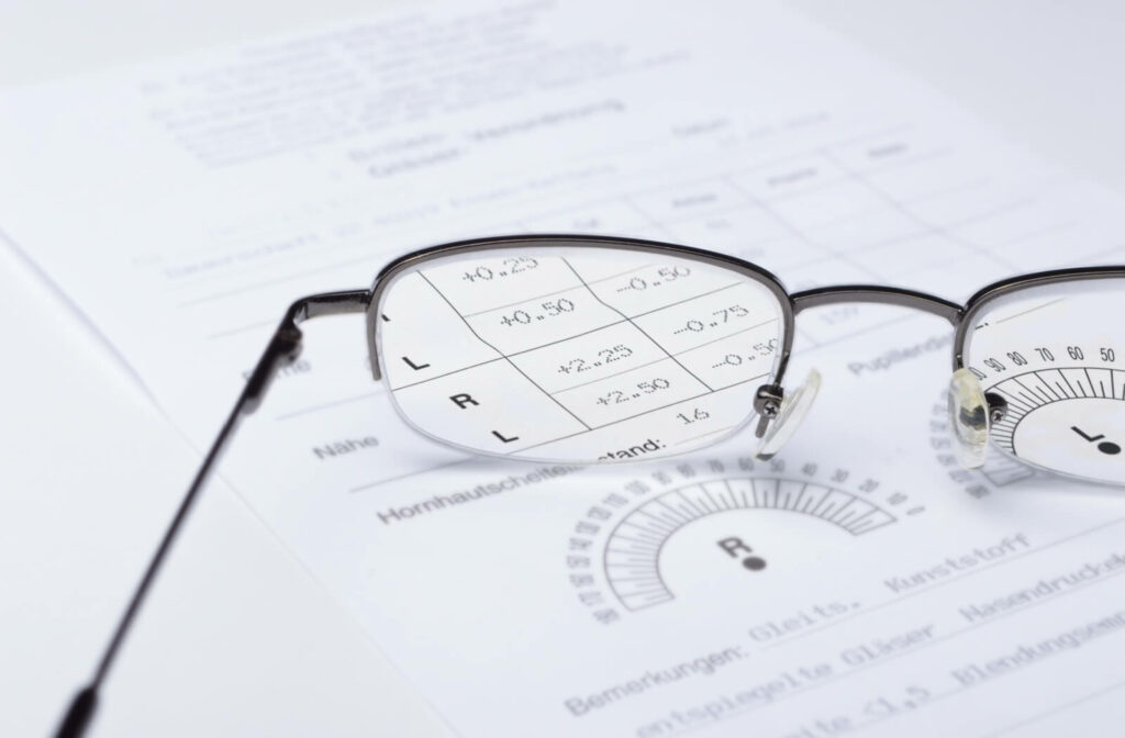 a pair of eyeglasses rests on a prescription for lenses