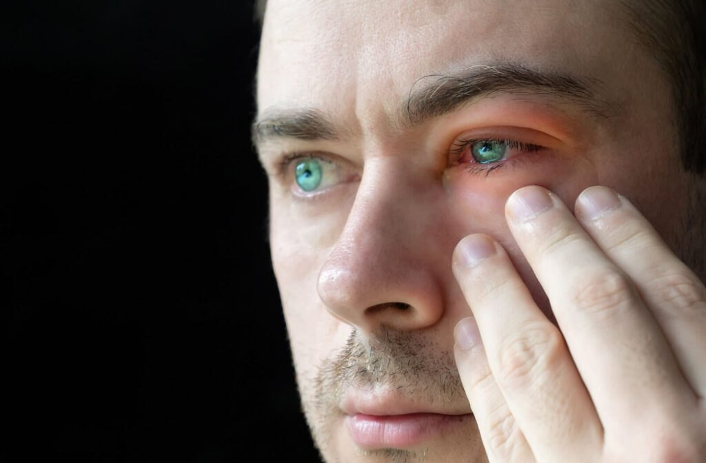Close-up of a Man touching his face near the left eye affected by Conjunctivitis or Blepharitis.